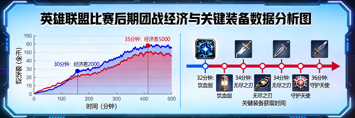 英雄联盟比赛后期团战经济曲线与关键装备时间轴数据分析图